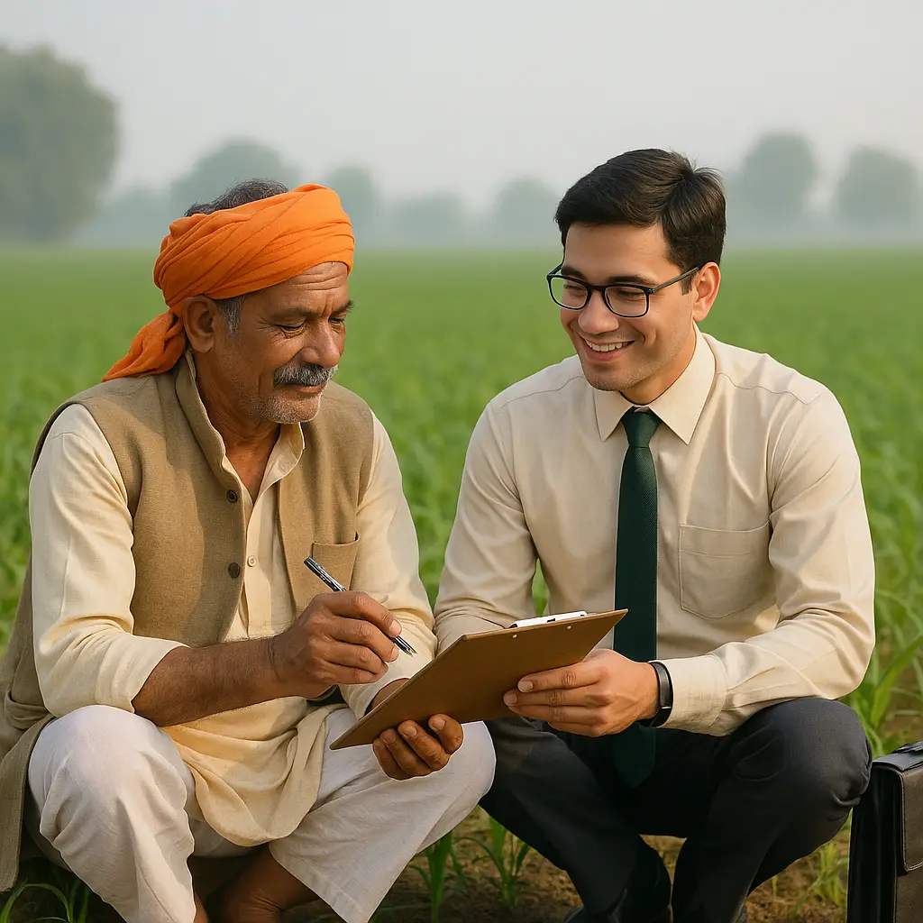 PM-Kisan 20th Installment Likely by End of June 2025: Key Details for Farmers 3 A government officer and a farmer discussing crop planning in a green field under PMKVY scheme.