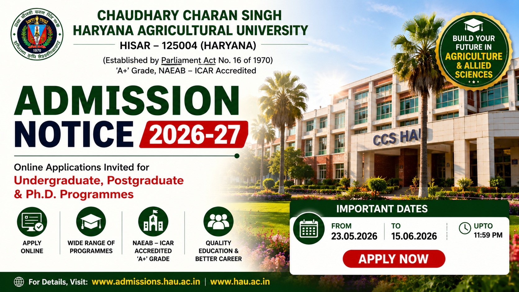 CCS HAU Hisar Admission 2026-27 – UG, PG, PhD & PG Diploma Programs