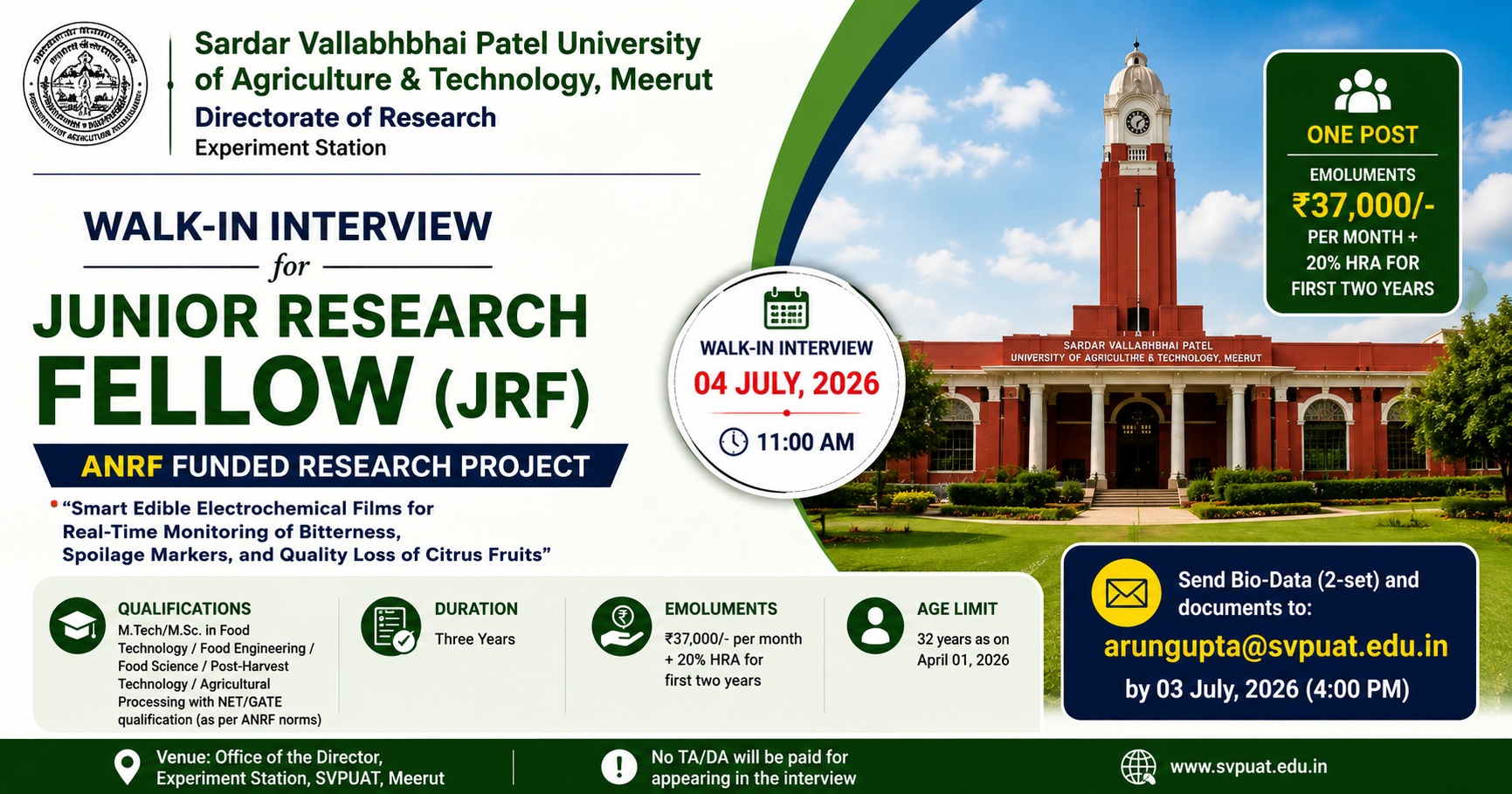 Junior Research Fellow (JRF) @ SVPUAT, Meerut