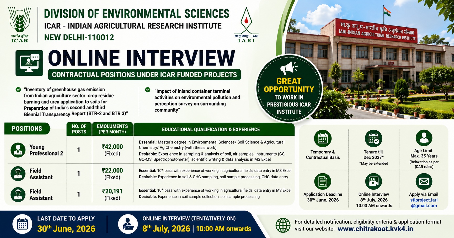 YP-II & Field Assistant @ ICAR-IARI Environmental Sciences 2026 | Online Interview 8 July