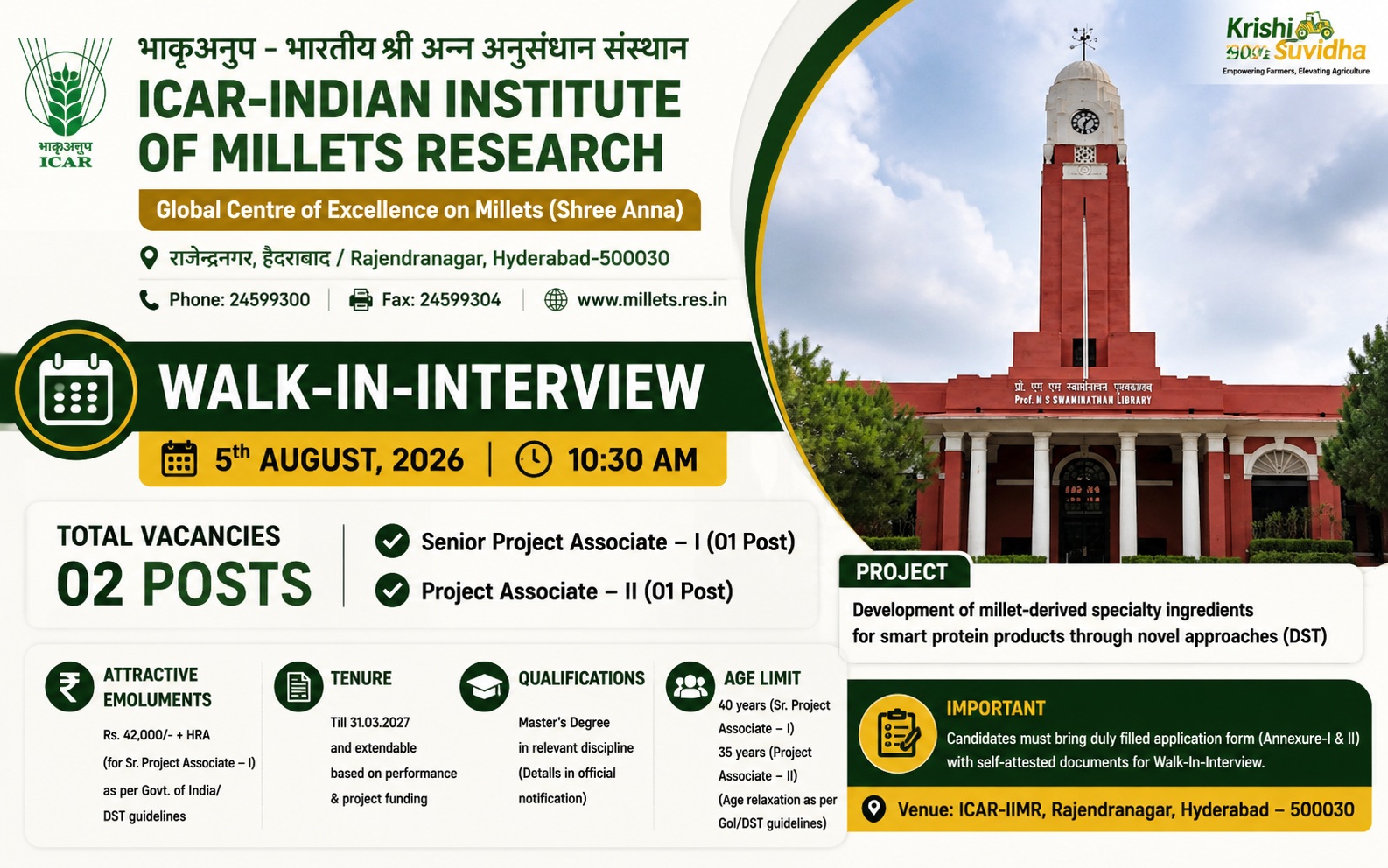 Sr. Project Associate & Project Associate @ ICAR-IIMR Hyderabad 2026 