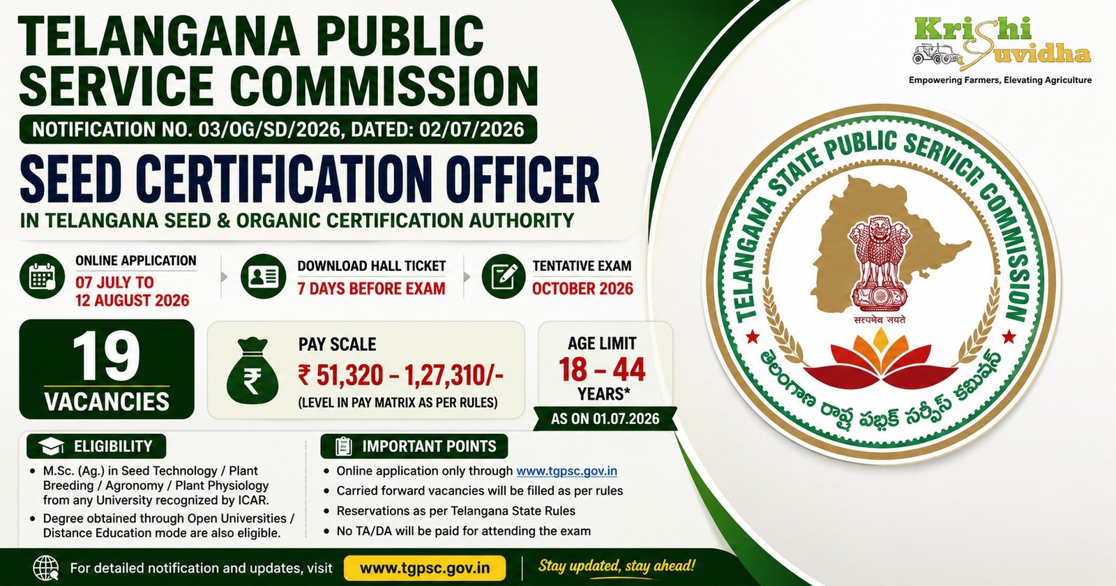 TGPSC Seed Certification Officer Recruitment 2026 | 19 Posts | ₹51,320-1,27,310