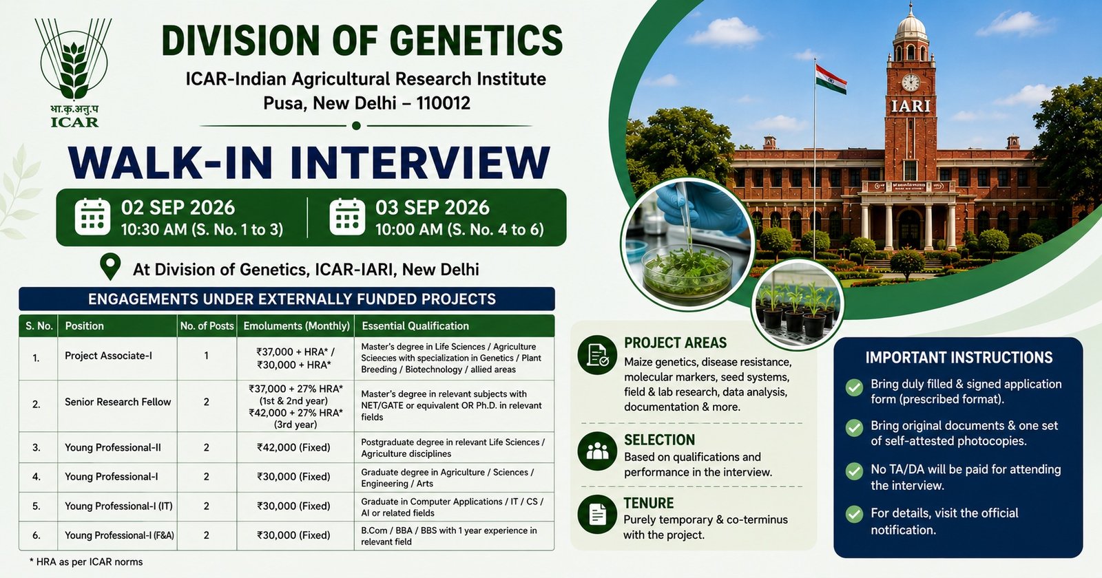 ICAR-IARI Genetics Walk-in 2026 | 11 Posts | Apply Now