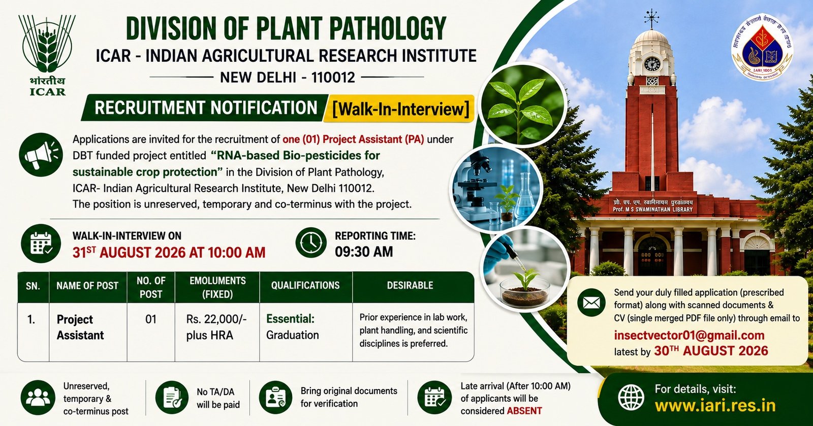 ICAR-IARI Project Assistant Walk-in 2026