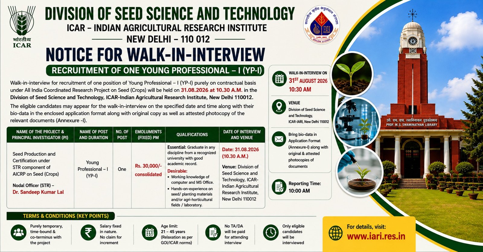 ICAR-IARI Young Professional-I Walk-in 2026 | Apply Now