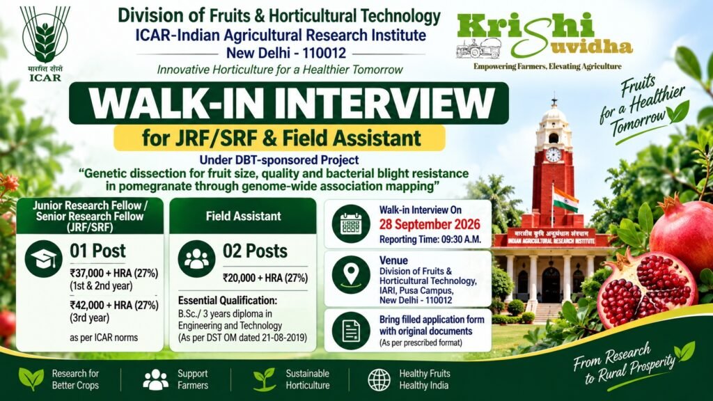 ICAR-IARI Division of Fruits & Horticultural Technology invites applications for JRF/SRF (01) & Field Assistant (02) under DBT Pomegranate project. M.Sc Horticulture/Genetics/Biotech & Graduate eligible. Apply by 28 September 2026.