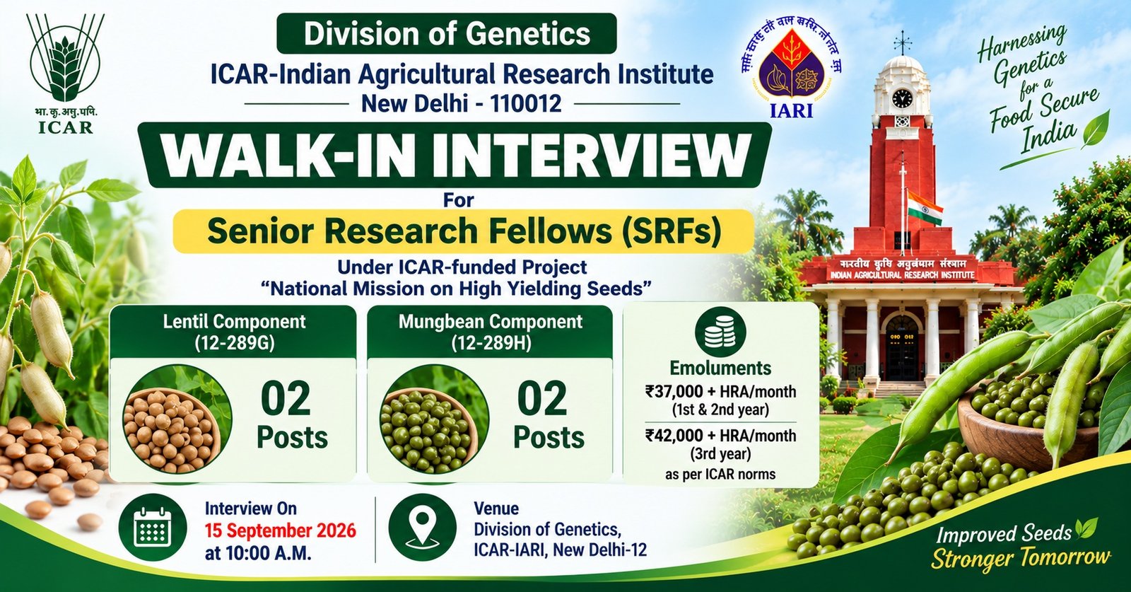 ICAR-IARI SRF Walk-in 2026 | 04 Posts | Lentil & Mungbean | โน37,000-42,000 + HRA