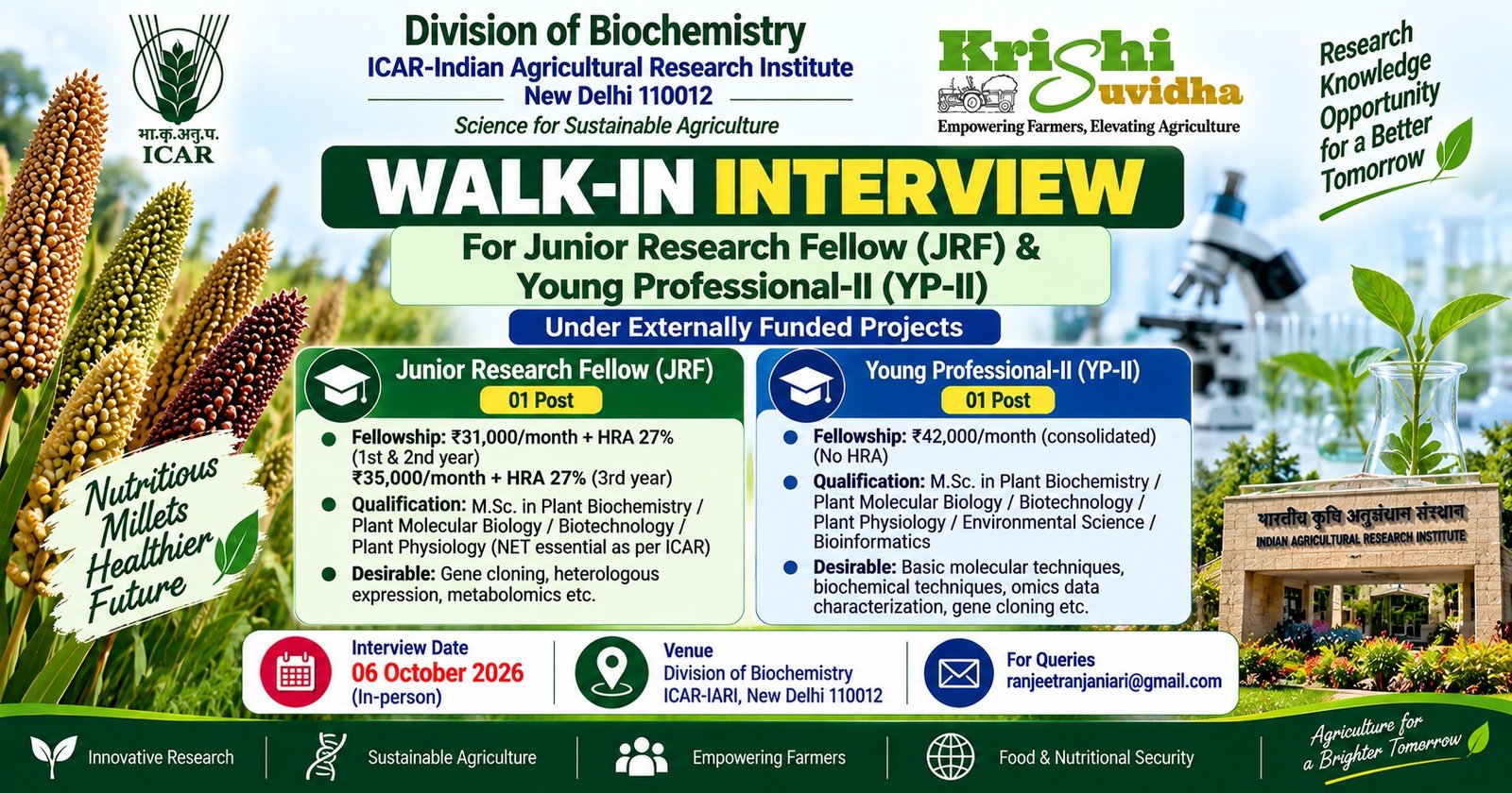 ICAR-IARI JRF & YP-II Walk-in 2026 | ₹31,000-42,000 + HRA | 6 Oct
