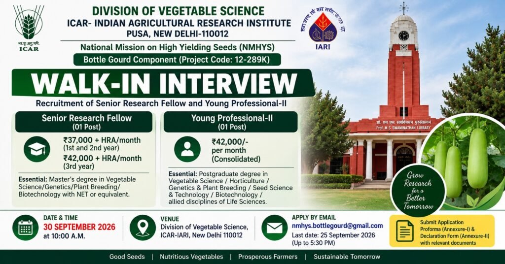 ICAR IARI SRF YP-II Bottle Gourd Recruitment 2026