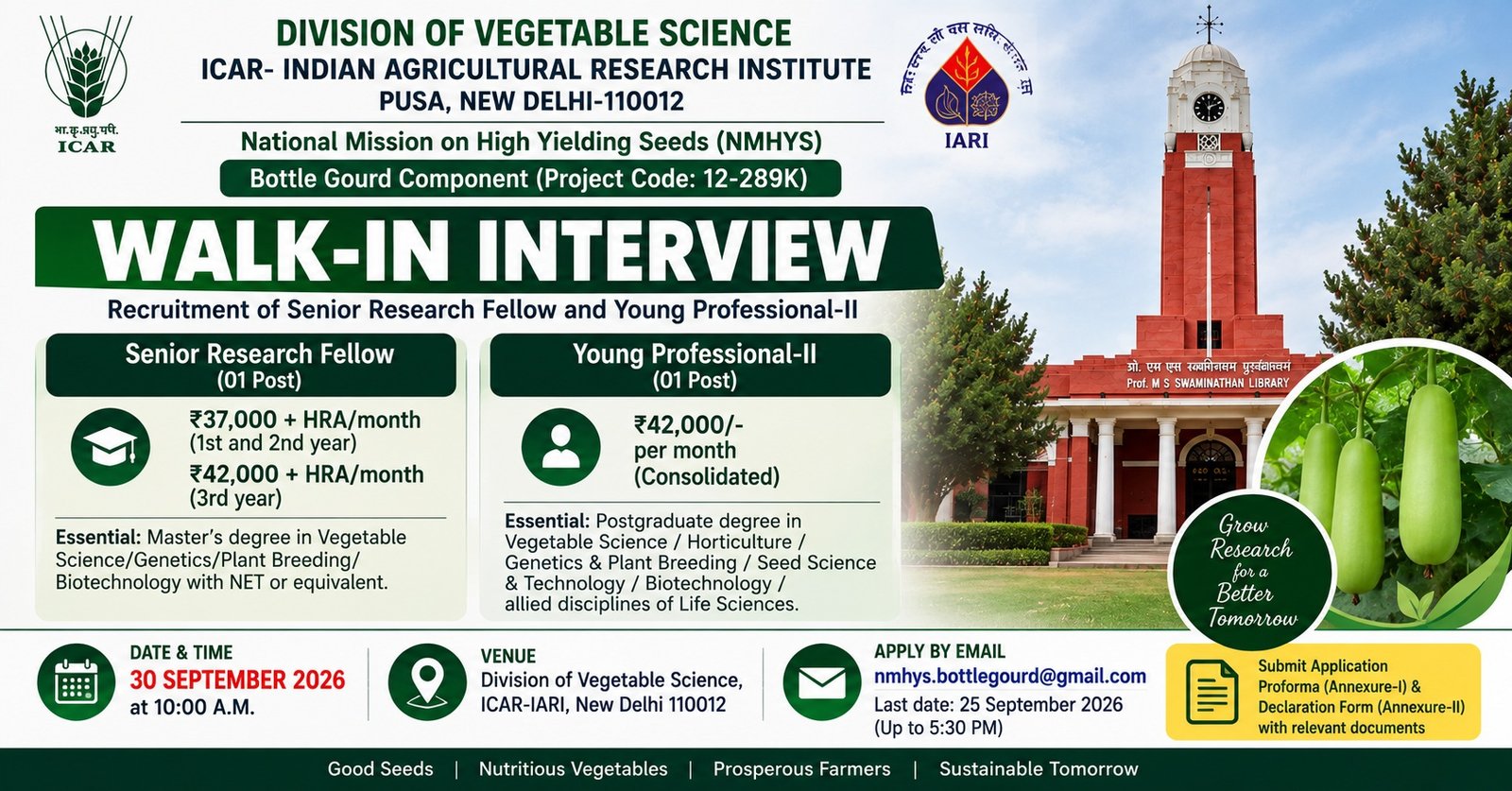 ICAR-IARI SRF & YP-II Recruitment 2026 | ₹37,000-42,000 + HRA | Apply by 25 Sep