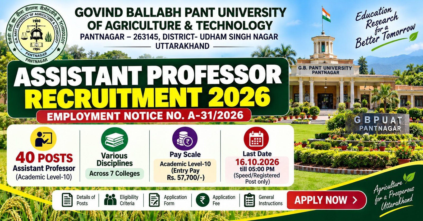 GBPUAT Pantnagar Assistant Professor Recruitment 2026 | 40+ Posts | Apply by 16 Oct