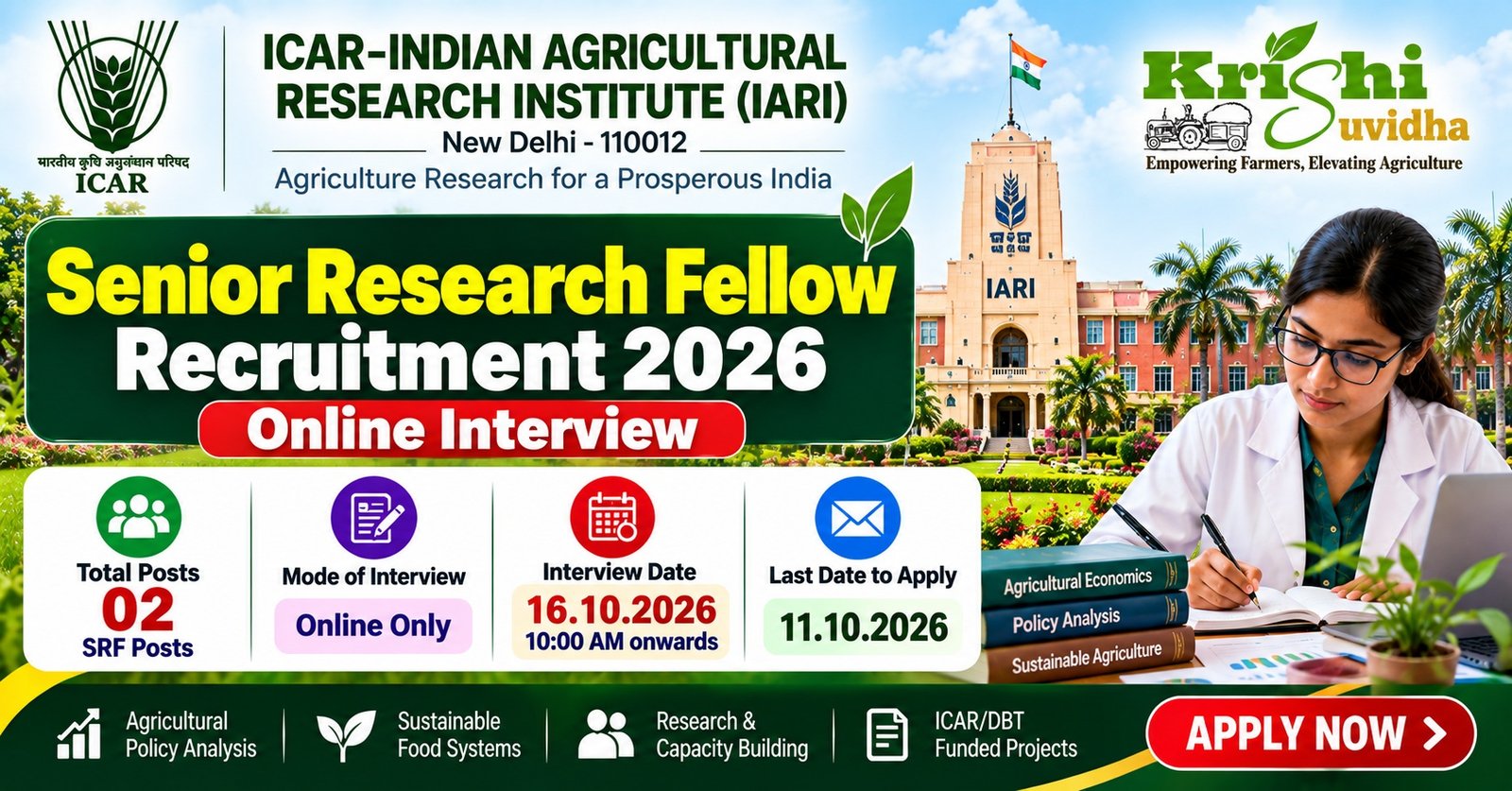 ICAR-IARI SRF Recruitment 2026 | 2 Posts | โน37,000 + HRA | Apply by 11 Oct