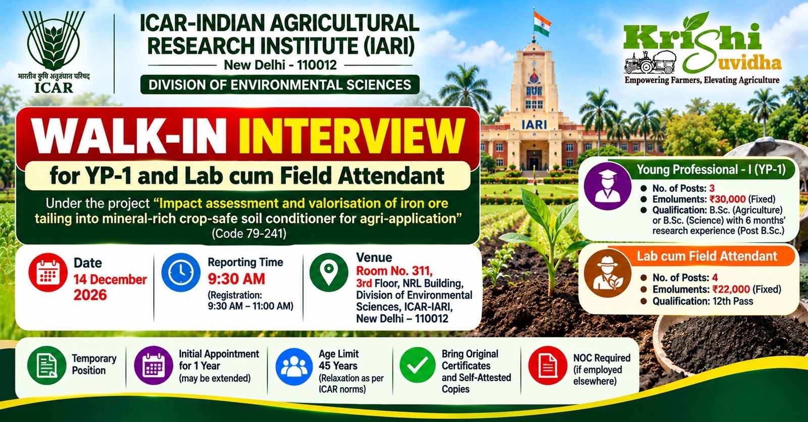 ICAR-IARI Environmental Sciences YP-I & Lab Attendant 2026 | Walk-in 14 Dec